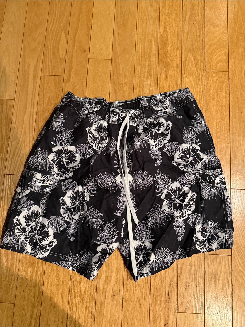 OP Black Swim Board Shorts with White Floral Print